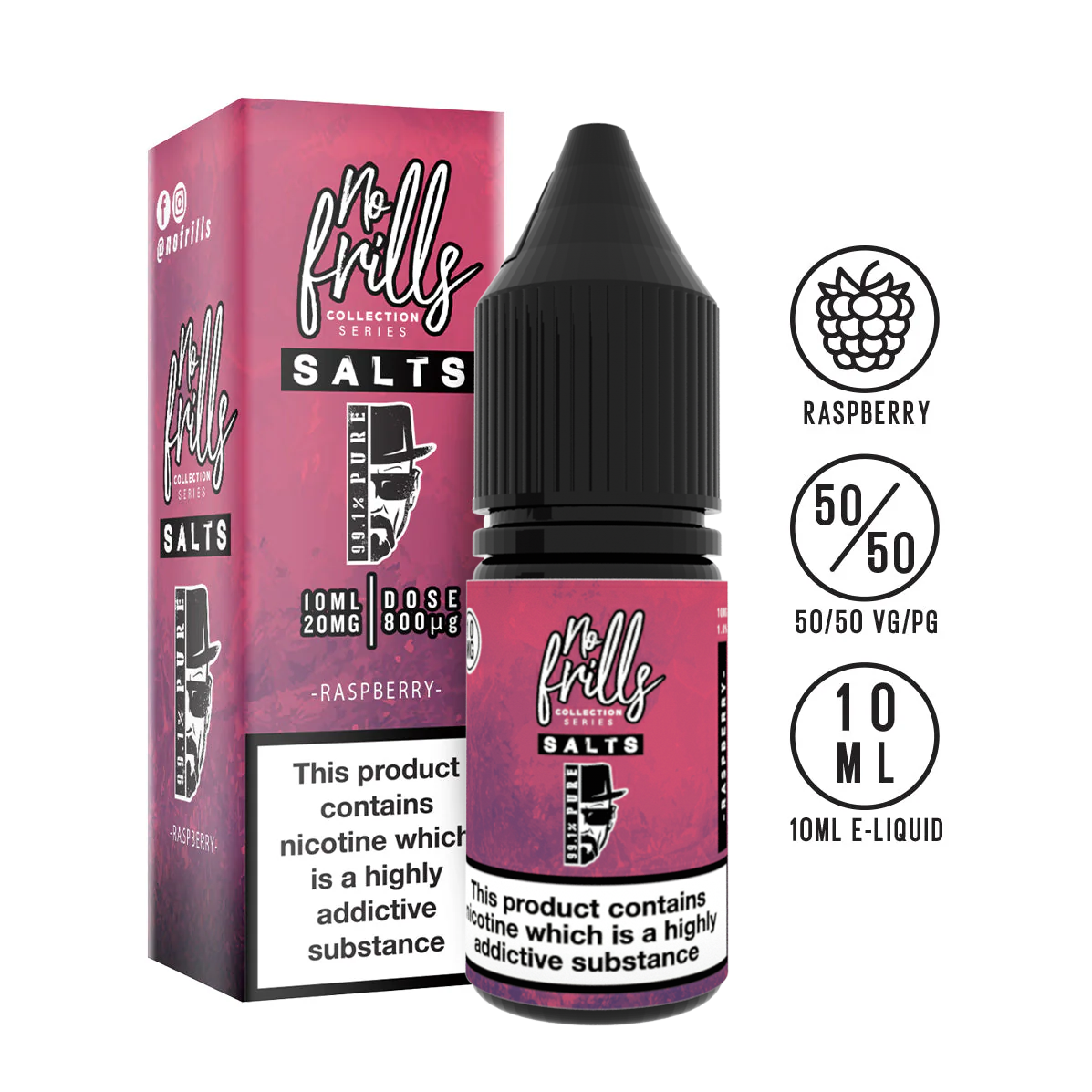 No Frills Salts - 99.1% Pure: Raspberry Nic Salt 10ml